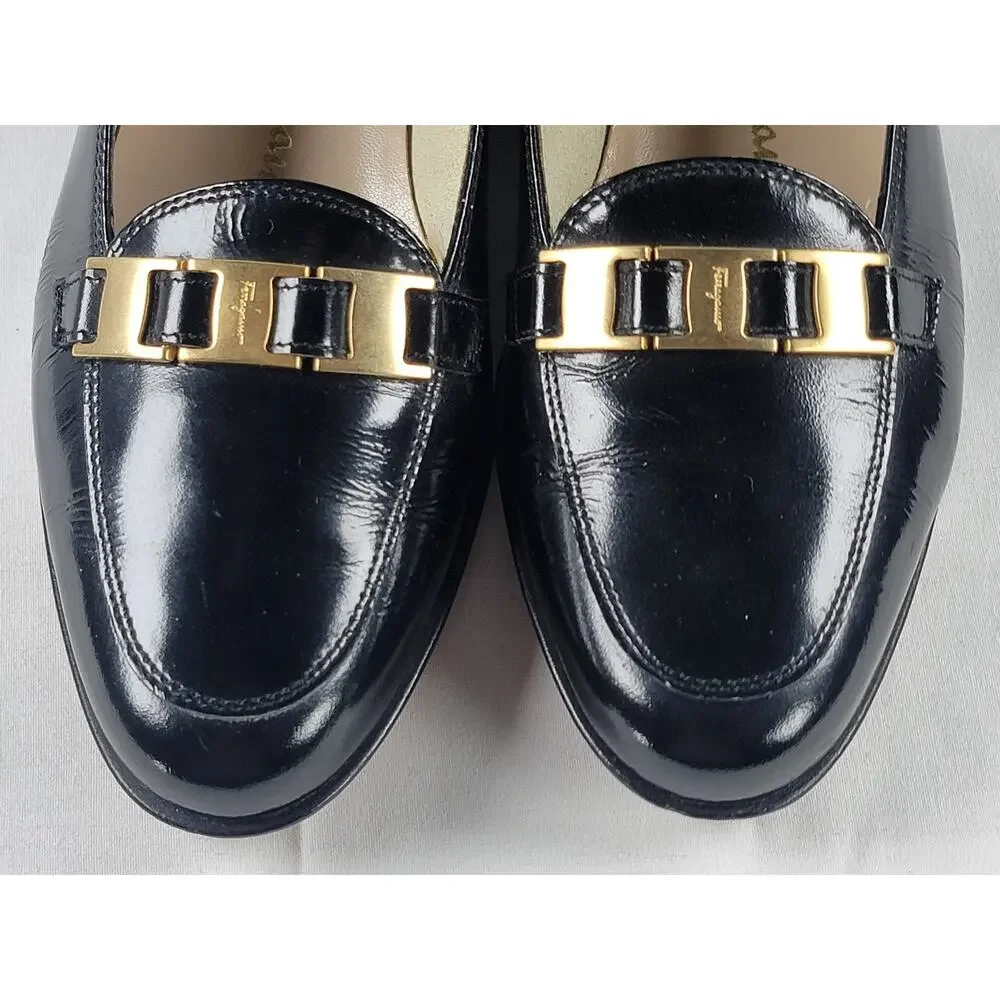 Vintage Salvatore Ferragamo Black Leather Gancini Loafers 5.5 Italy